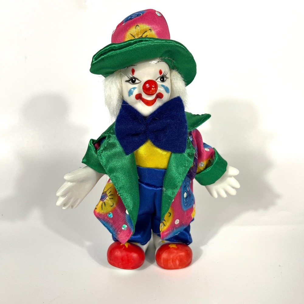 Vtg Psychedelic Floral Clown Doll Porcelain Colorful Sequin Posable Whimsy NWOT - Picture 1 of 8